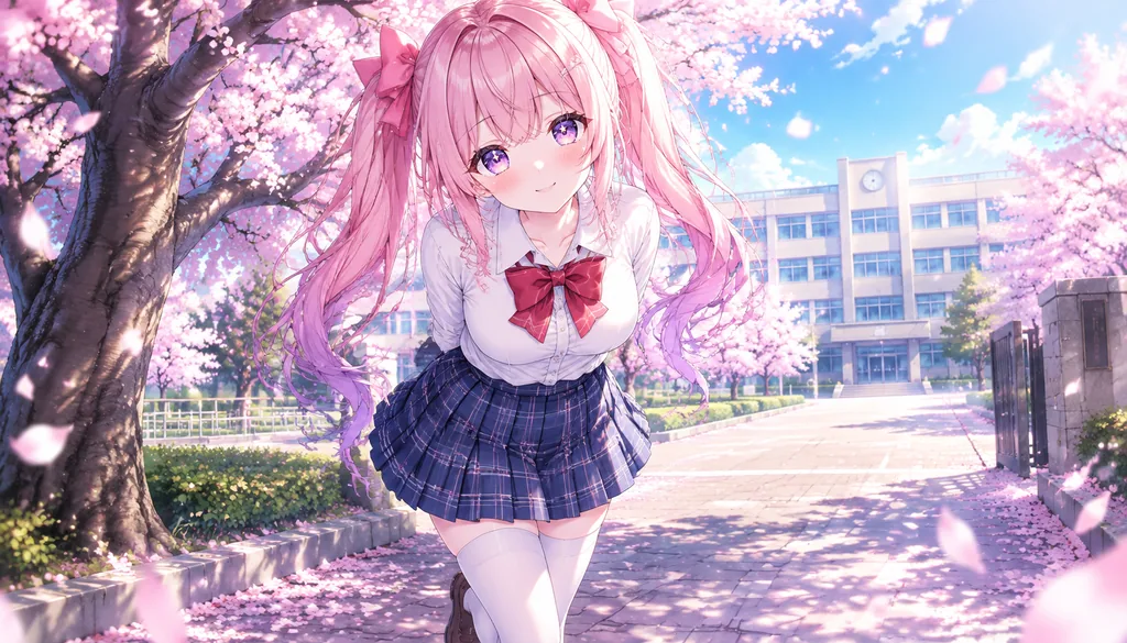 Anime girl with pink twin tails in school uniform smiling shyly under falling cherry blossoms