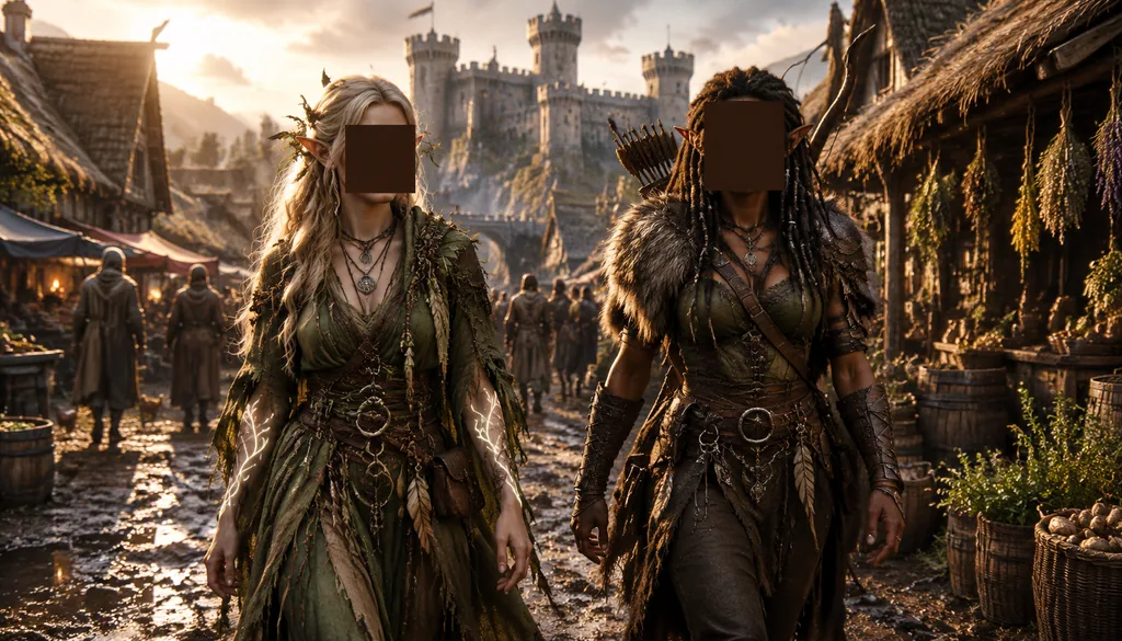 Two elf adventurers walking down a muddy cobblestone medieval village street