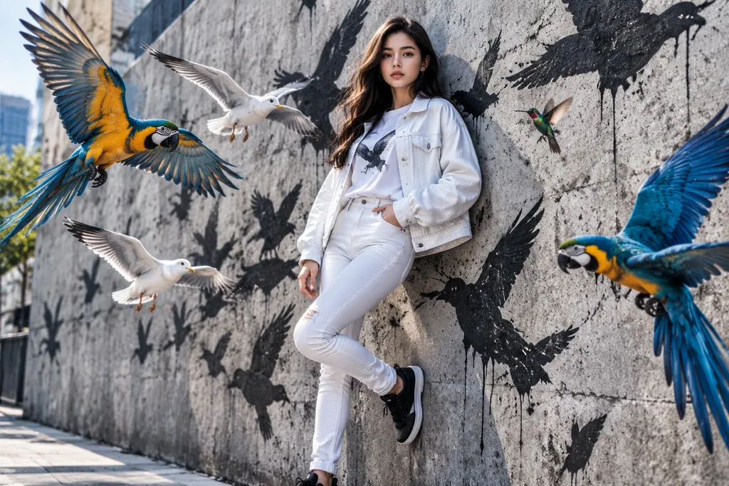 Woman leaning on a concrete wall surrounded by macaws, seagulls and a hummingbird