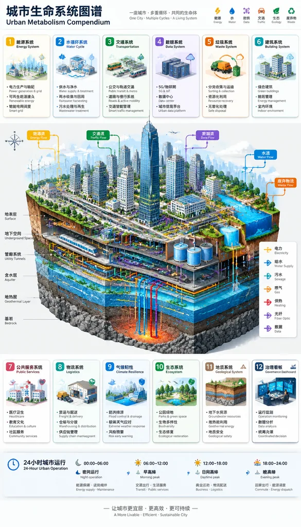 Isometric cutaway of a smart city from skyscrapers to bedrock with color-coded flows
