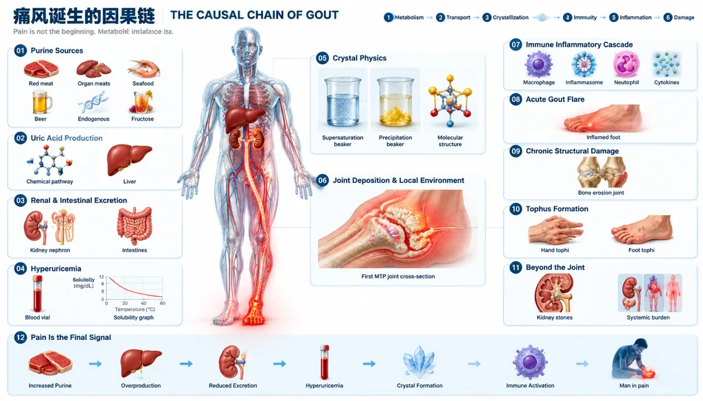 Clinical chart of the gout pathway from uric acid buildup to joint pain with 3D anatomy