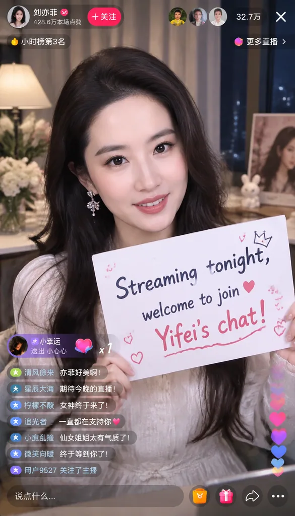 Phone livestream screen of an actress inviting fans to join tonight with a sign and chat
