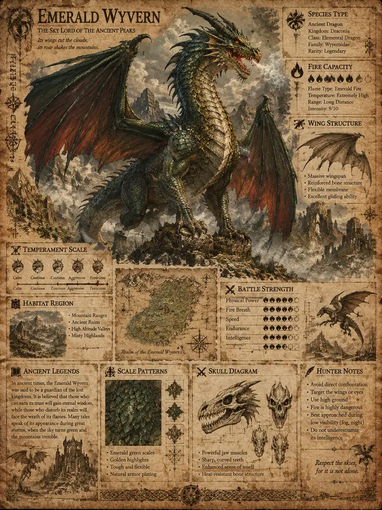 Vintage manuscript-style poster of a detailed dragon with labeled anatomy notes