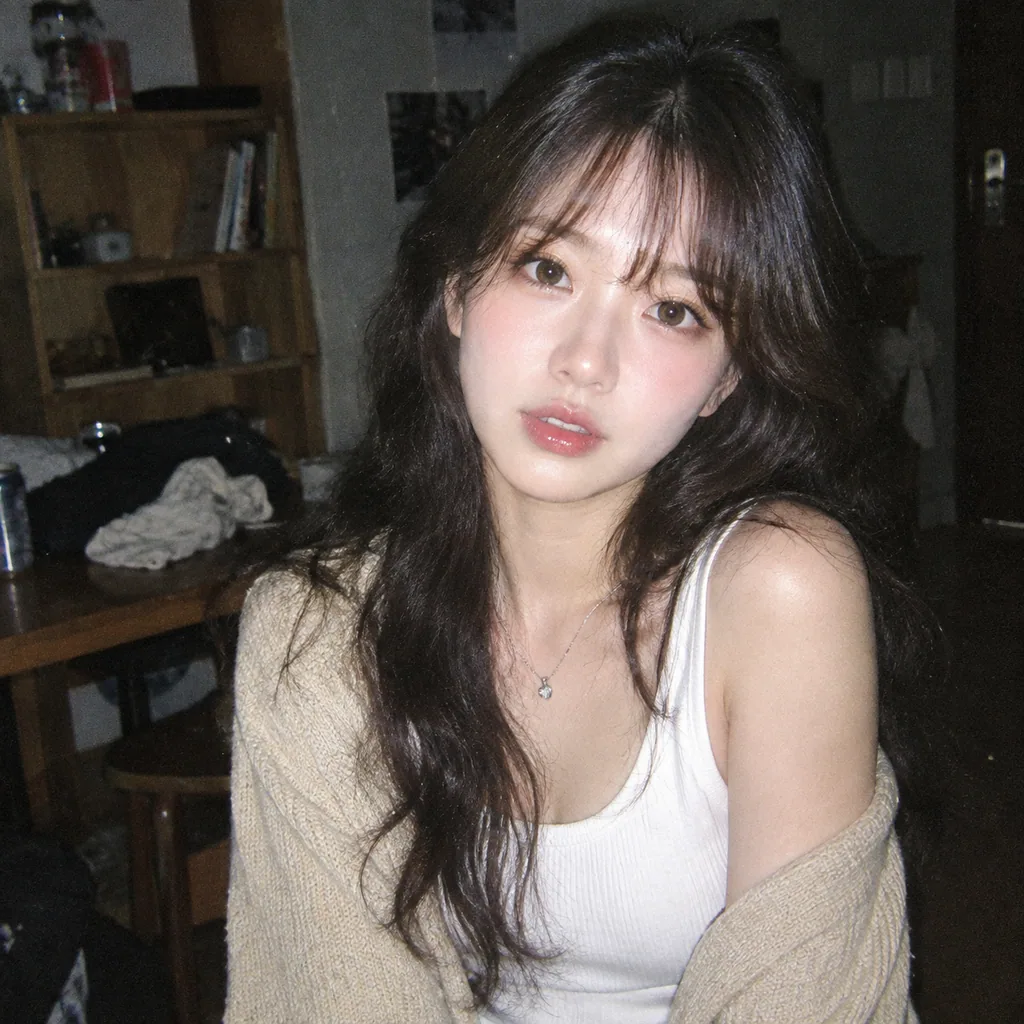35mm film portrait of a young woman with wavy hair in a tank top and slipping cardigan
