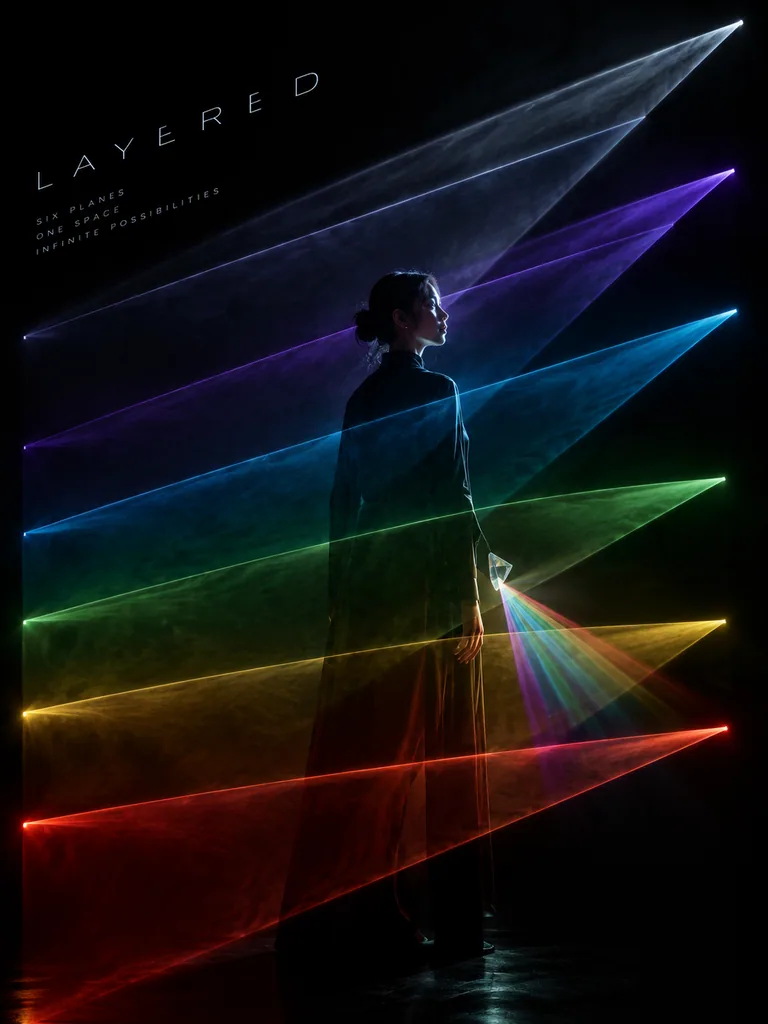Black stage poster with six layered laser light planes meeting at a lone figure