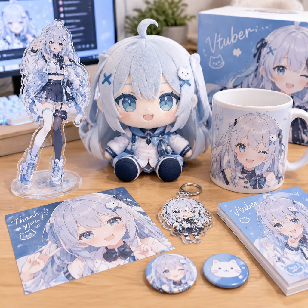 Live-action style product photo of fan goods for a virtual streamer character