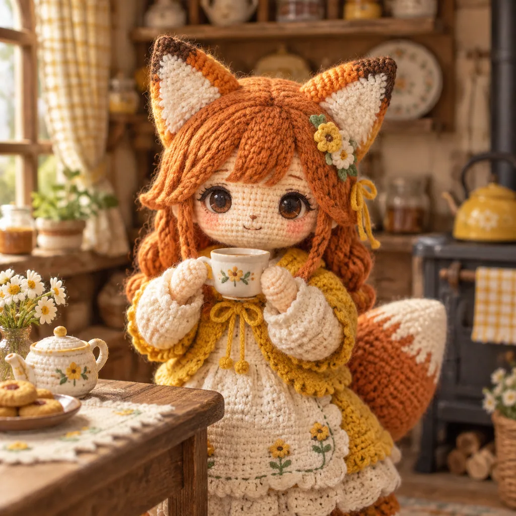 Handmade crochet doll of a fox girl in mustard and cream holding a teacup in a cozy cottage