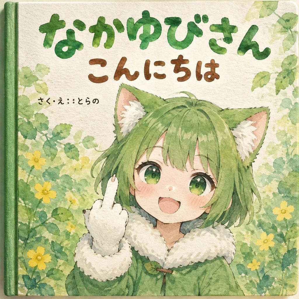 Watercolor children's book cover of a green-haired cat-eared girl among leaves and flowers