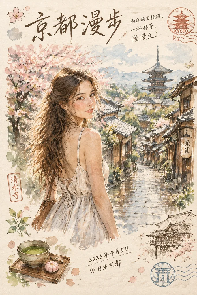 Watercolor and ink travel postcard with handwritten title, notes, date and location stamps
