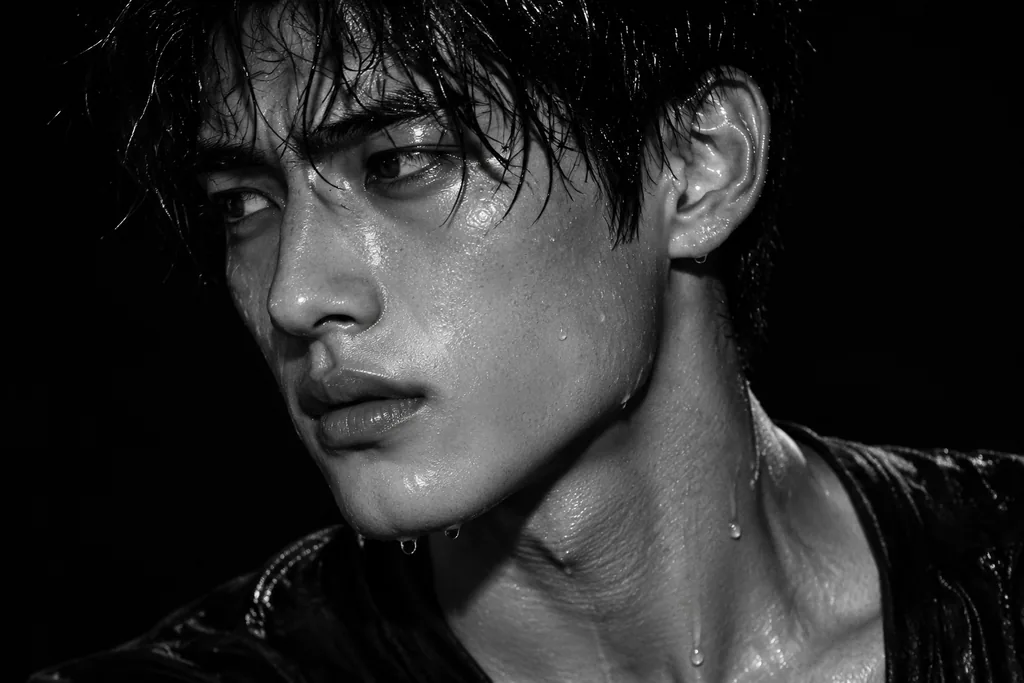 Black and white close-up of a young man with wet hair and water droplets on his face