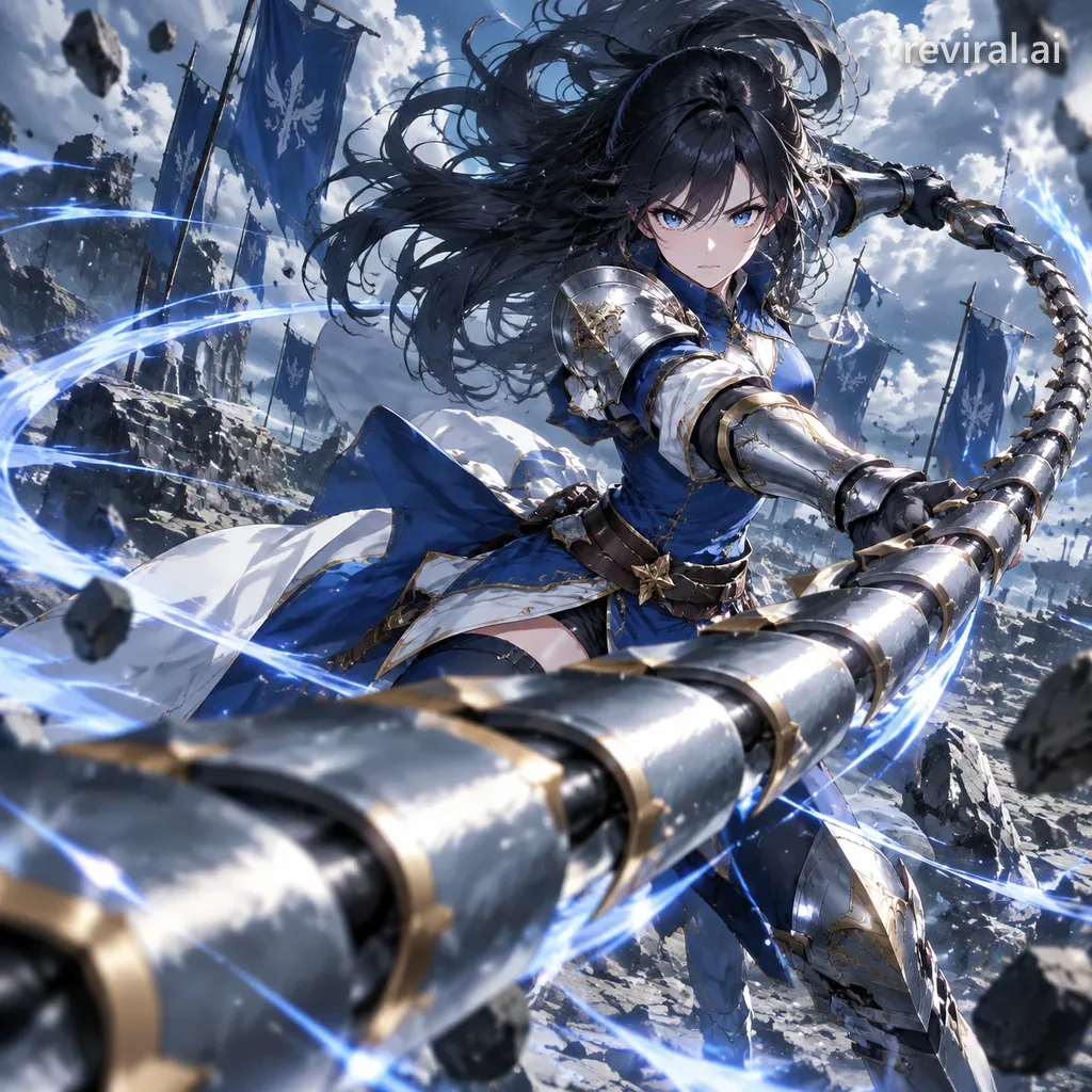 Anime warrior woman in silver armor swinging a segmented whip-sword on a battlefield