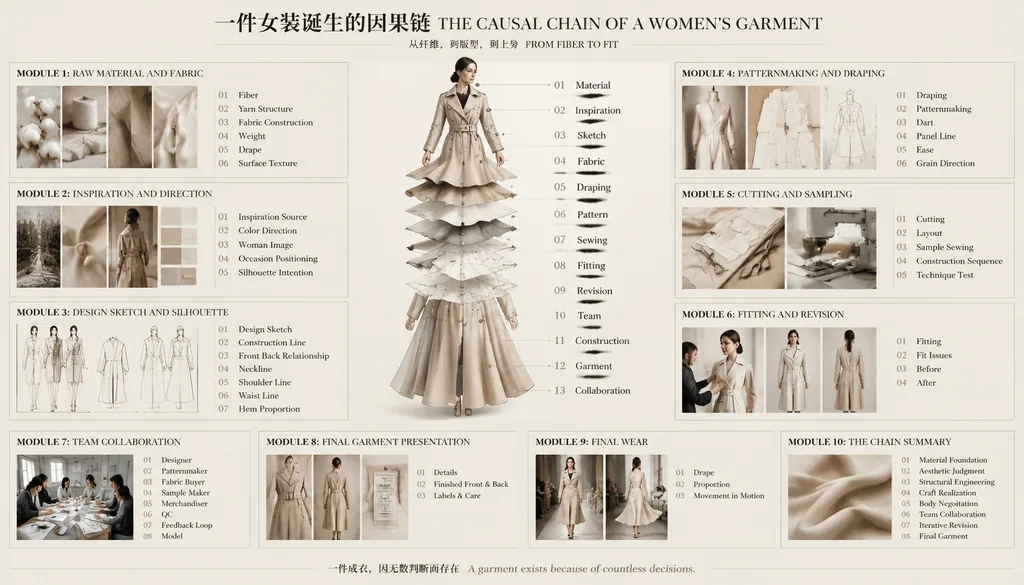 Editorial infographic of how a womens garment is made from fiber to pattern to fit in beige tones