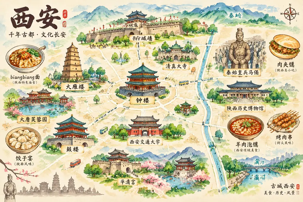Hand-painted watercolor map of Xian with local foods, the city wall and famous landmarks