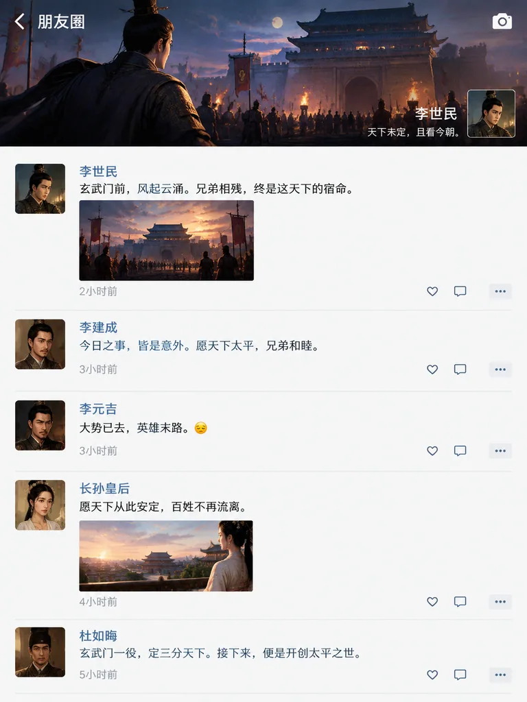 Mock social feed of Tang dynasty figures posting about the Xuanwu Gate coup