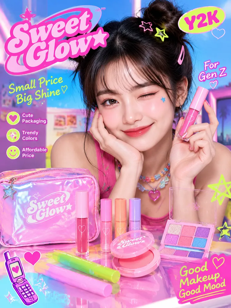 Cute Y2K style cosmetics ad with neon colors and playful layout for a Gen Z audience