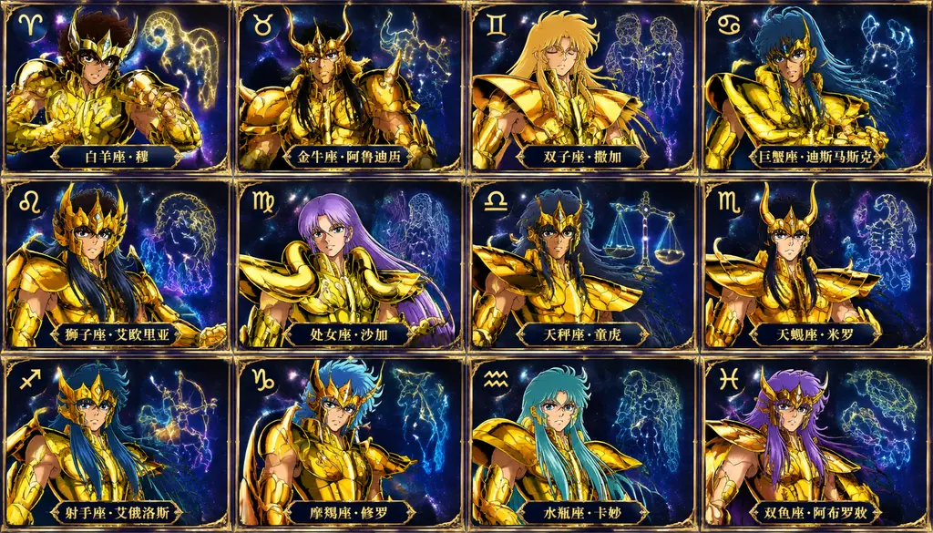 Widescreen grid of twelve zodiac gold warrior cards, four per row, with Chinese names