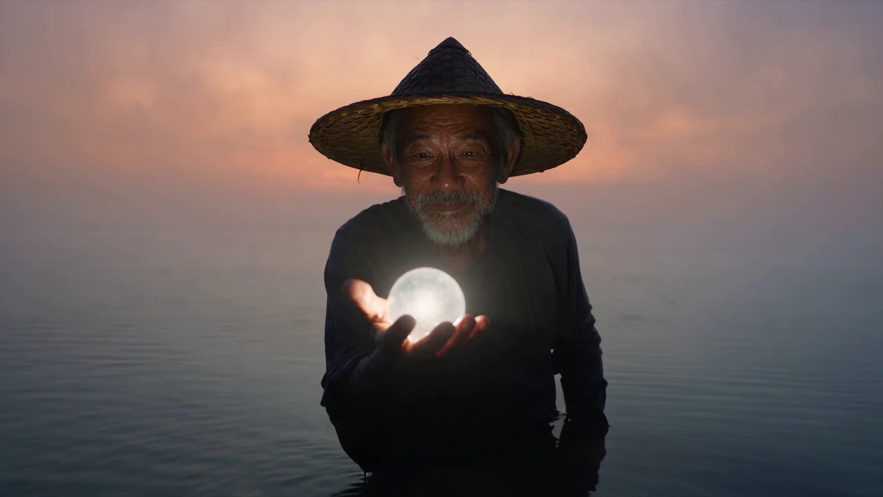 Fisherman holding a glowing pearl in misty water at dawn, a Seedance 2.5 frame from our AI video models list